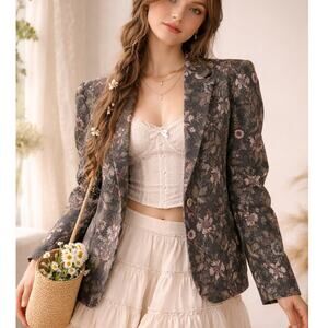 Vintage Floral Tapestry Blazer Jacket Open Front Boxy Fit Boho Cottagecore 90s